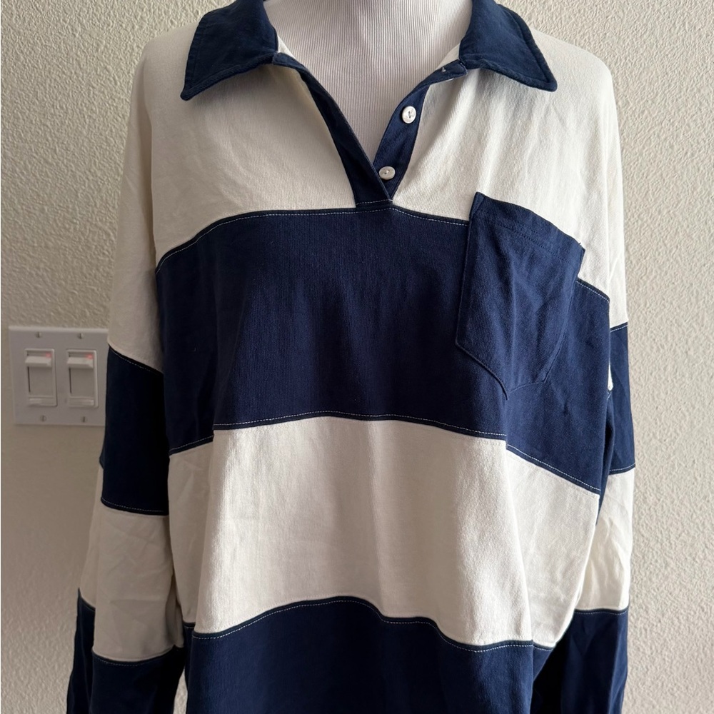 Madewell MWL Striped Rugby Polo Shirt - Navy & White Size XXL - Picture 7 of 12